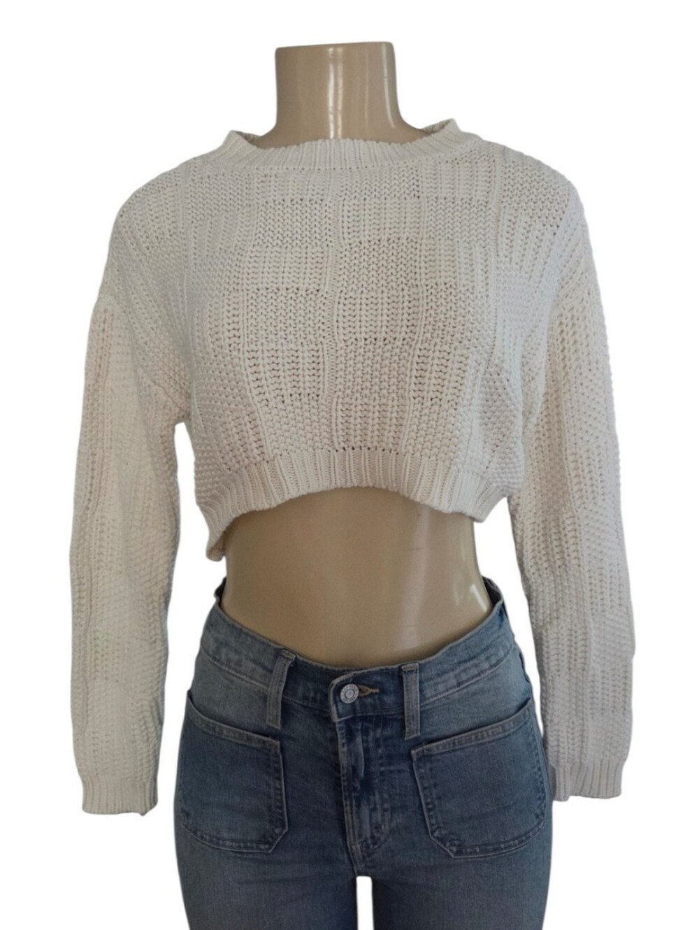 Willow & Wind Womens XS Ivory Cropped Chunky Knit Sweater Cotton Blend Crewneck